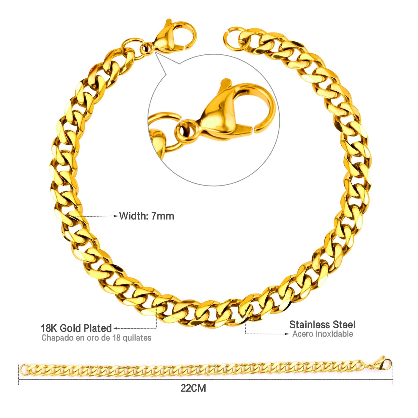 Cuban Chain Bracelet – Stainless Steel, Gold-Tone, Punk Style Jewelry for Men & Women