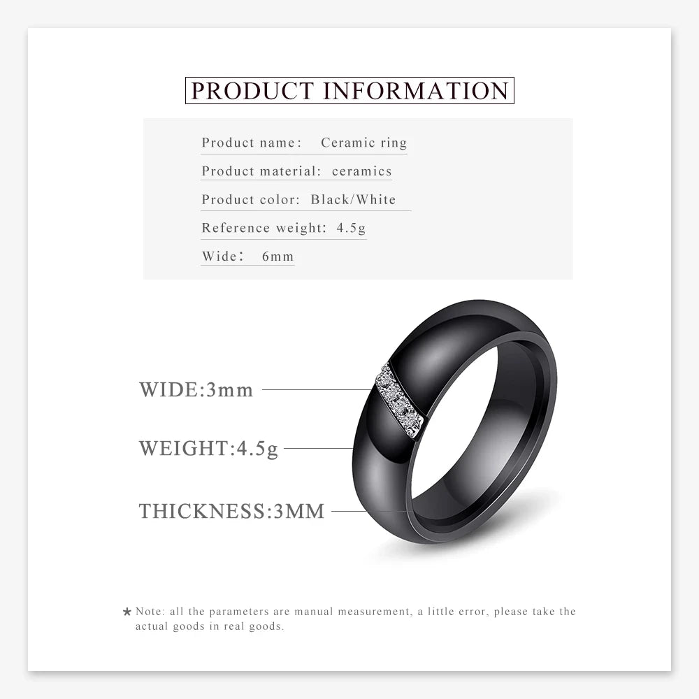 6mm Black & White Ceramic Ring – Crystal Inlay Wedding Band