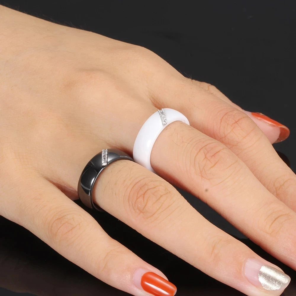 6mm Black & White Ceramic Ring – Crystal Inlay Wedding Band