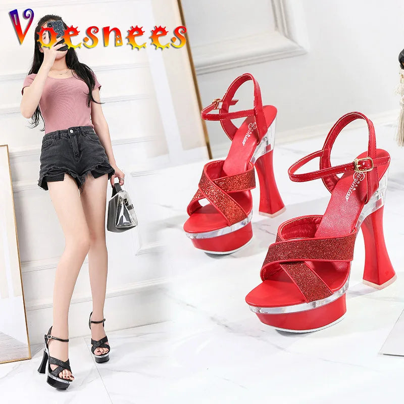 StageGlow | 14.5CM Platform Heels – Cross Strap Hollow-Out Sandals