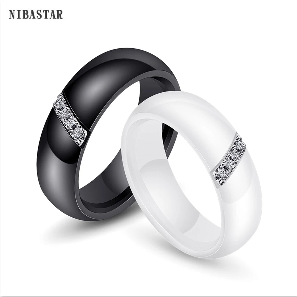 6mm Black & White Ceramic Ring – Crystal Inlay Wedding Band