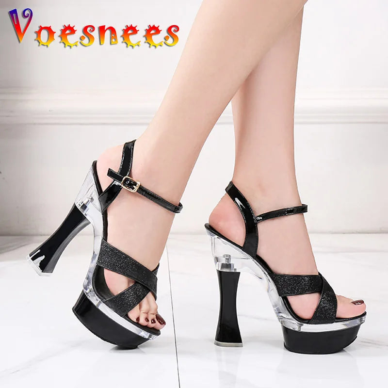 StageGlow | 14.5CM Platform Heels – Cross Strap Hollow-Out Sandals