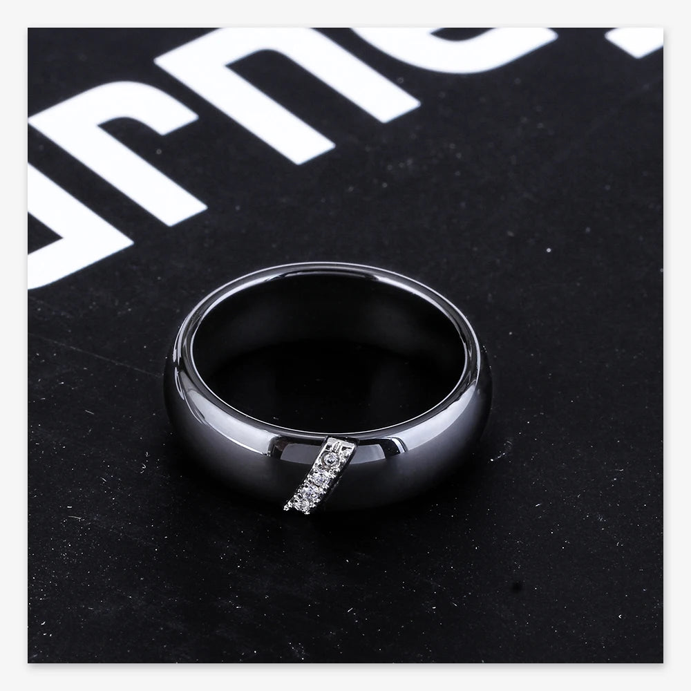 6mm Black & White Ceramic Ring – Crystal Inlay Wedding Band
