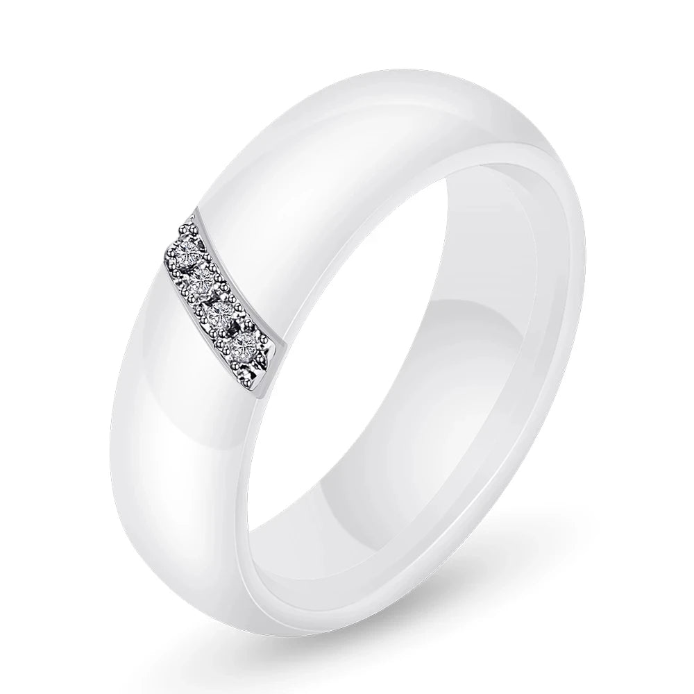 6mm Black & White Ceramic Ring – Crystal Inlay Wedding Band