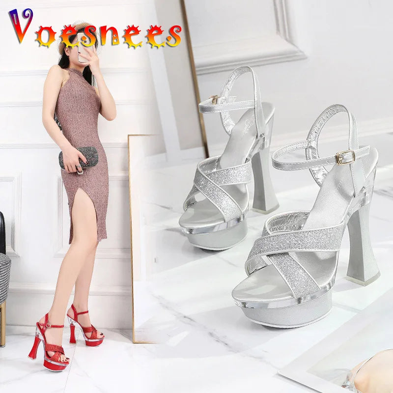 StageGlow | 14.5CM Platform Heels – Cross Strap Hollow-Out Sandals
