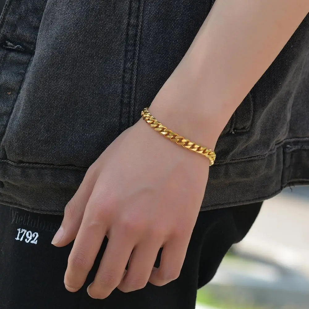 Gold Cuban Bracelet – Stainless Steel, Unisex Fashion Jewelry, Bold Hip Hop Style