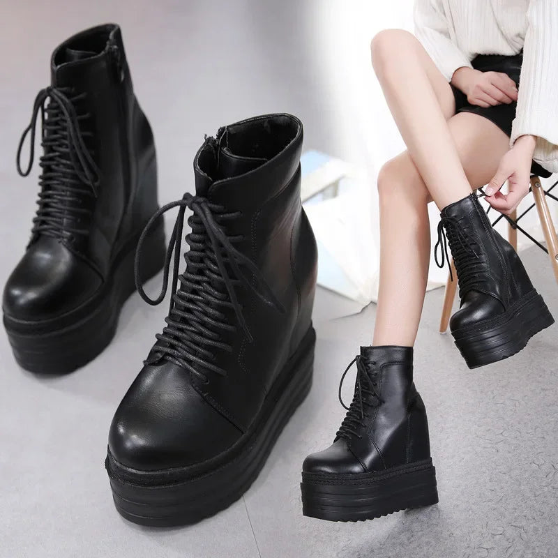 PunkRise | 14CM Wedge Ankle Boots – Black Rubber Sole Platform