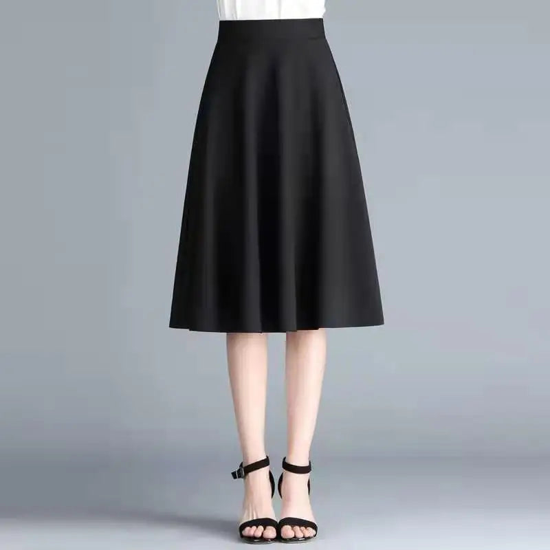 Solid Color Elastic A-Line Midi Skirt — Office Versatile