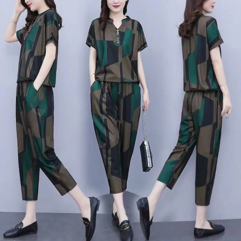 Casual Plus Size Short Sleeve Top & Harun Pants Set – Two Piece