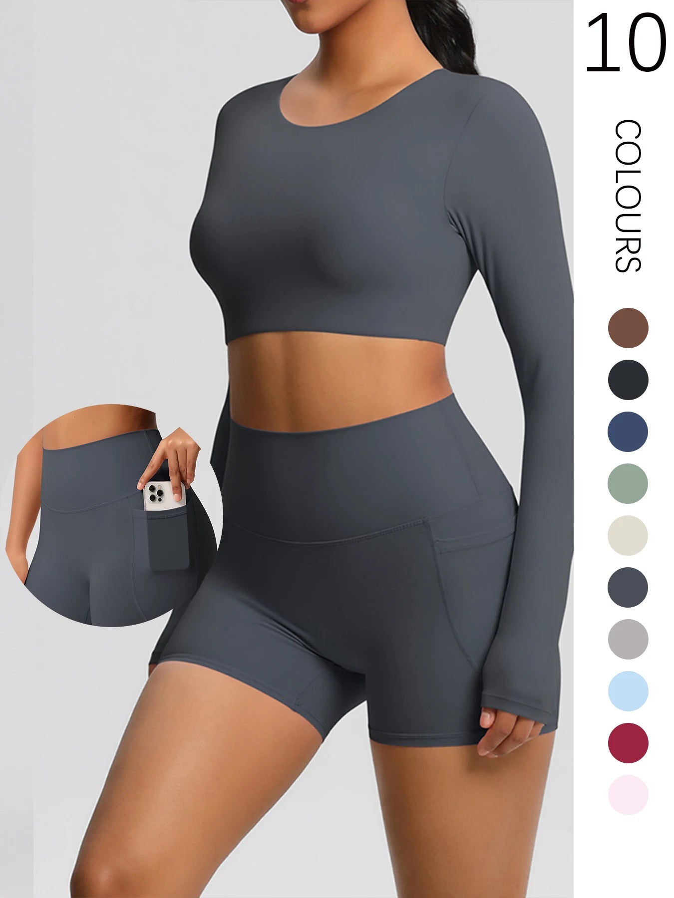 2-Piece Activewear Set — Long Sleeve Crop Top & High-Waist Yoga Shorts