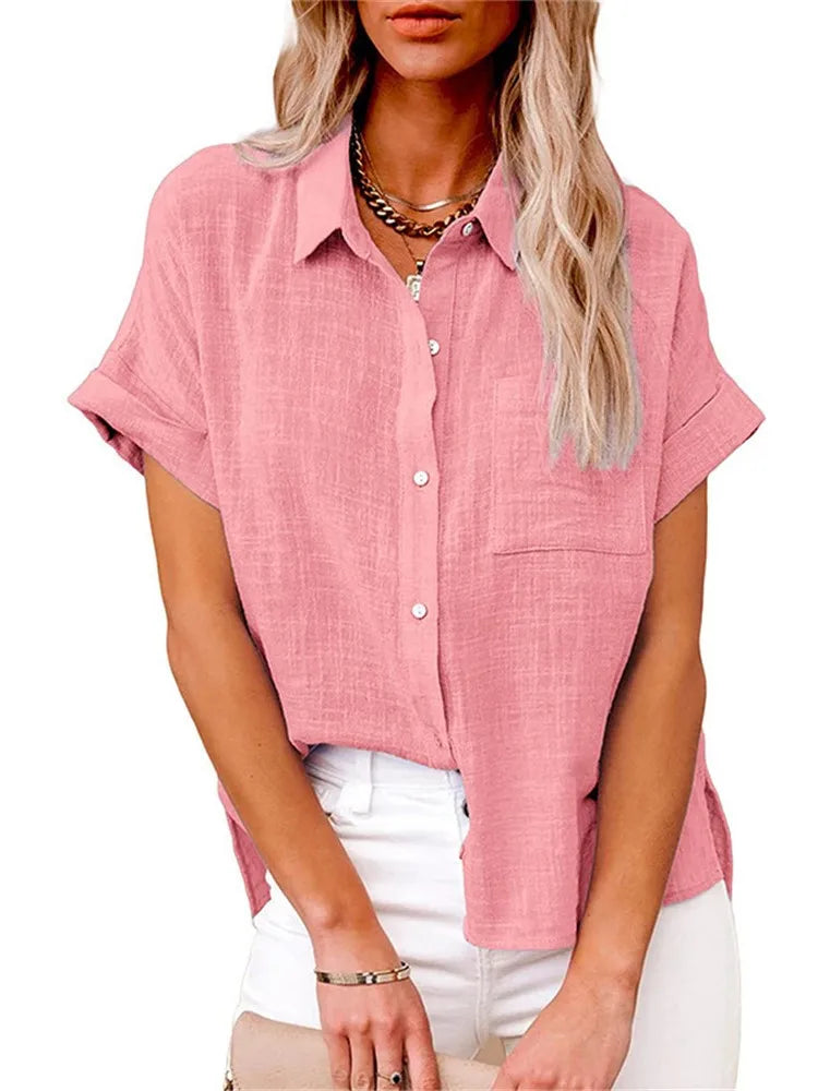 Classic V-Neck Blouse — Short Sleeve, Loose Fit, White