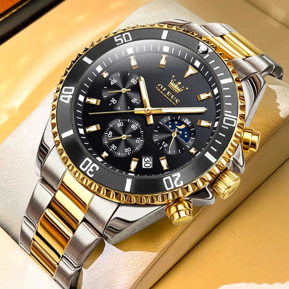 Golden Moon Phase Watch – Luxury Quartz, Waterproof, Elegant Chronograph