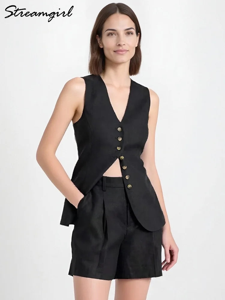 Linen Vest & Shorts Set – Elegant Office Two Piece Outfit