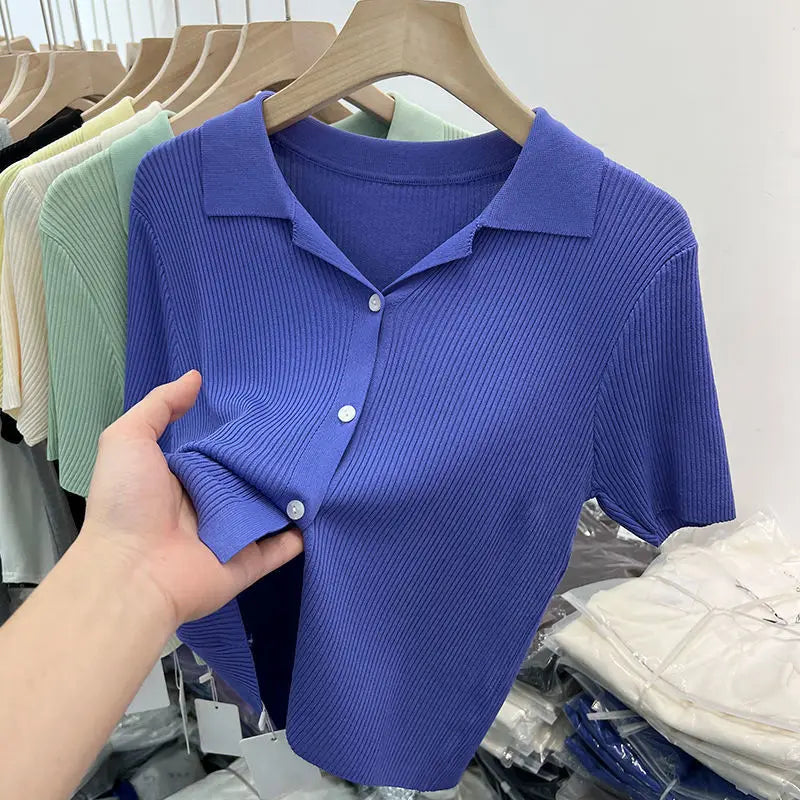Polo Neck Knit Top — Basic Summer Short Sleeve**k