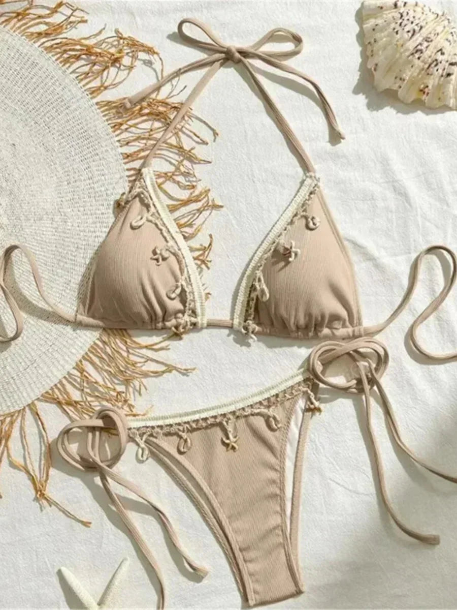 Halter Bikini with Shell Detail – Ribbed Texture