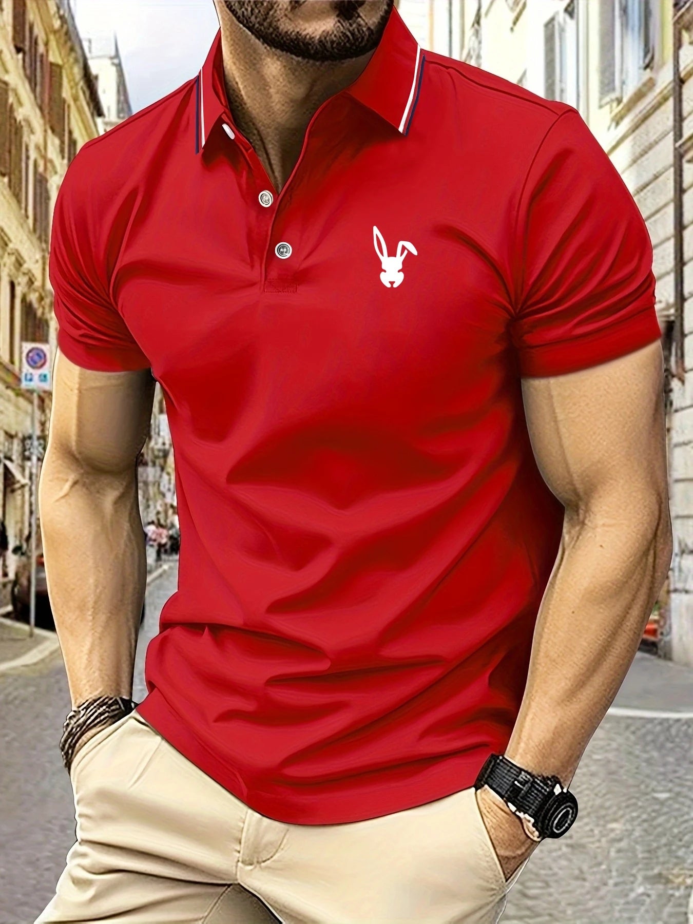 Signature Rabbit Logo Polo – Elegant Striped Lapel, Lightweight Fabric