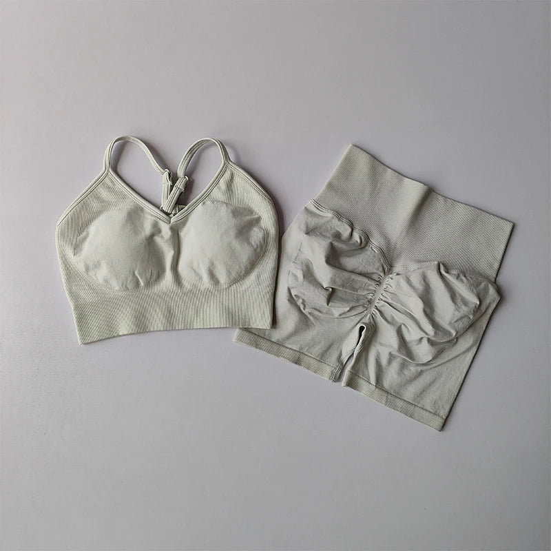 High-Waist Yoga Set — Strappy Back Bra & Sculpting Shorts 3-Piece Activewear