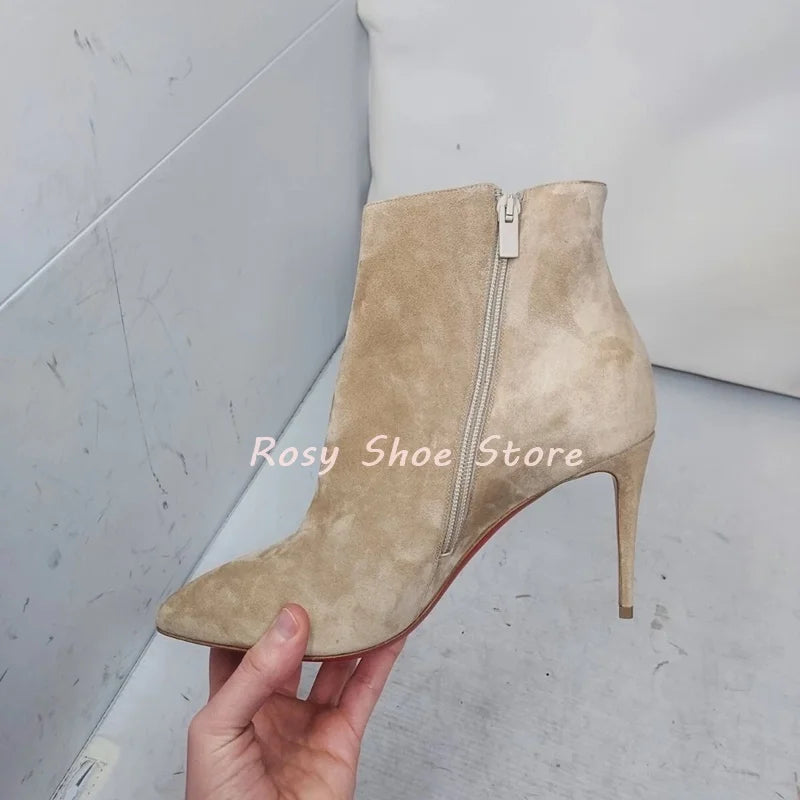 SuedeGlow | Apricot Suede Pointed Toe Ankle Boots – Side Zipper