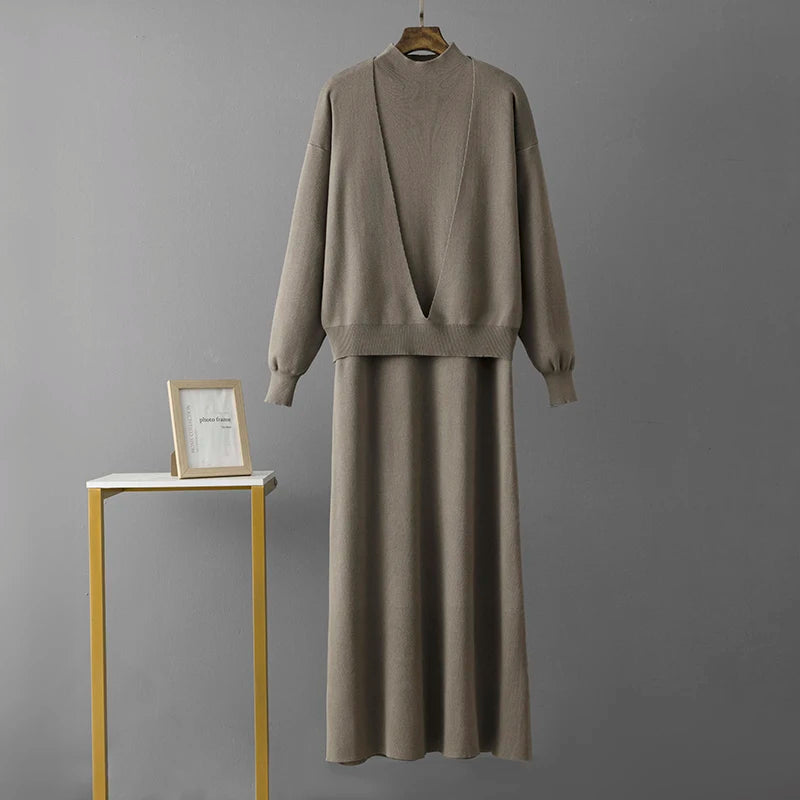 Knitted Dress Two Piece Set – Long Sleeve Sweater & Skirt