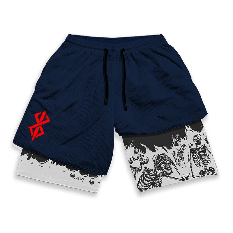 Berserk Skull Print 2-in-1 Running Shorts – Stretch, Quick Dry with Pockets