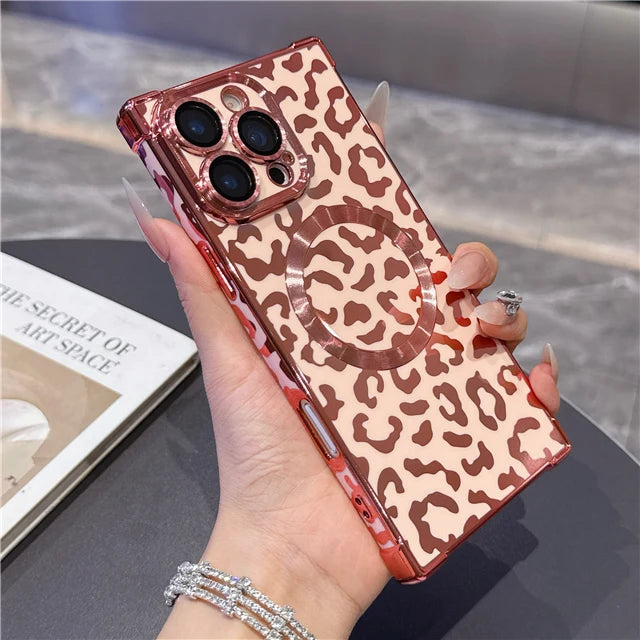 MagSafe Leopard Print Case – iPhone 13 to 16 Pro Max | Magnetic Frame + Luxury Finish