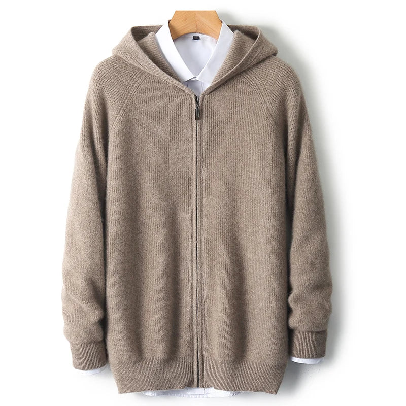 Thick Zippered Wool Knit Cardigan — Autumn Winter Casual Coat with Hood, 100% Wool