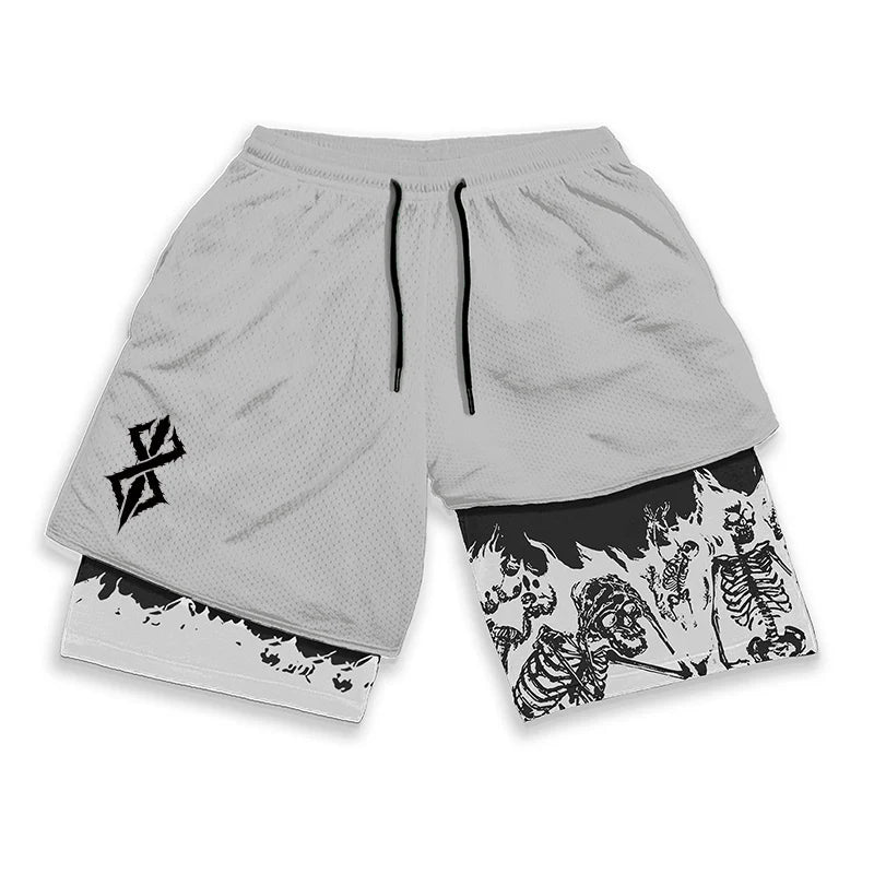 Berserk Skull Print 2-in-1 Running Shorts – Stretch, Quick Dry with Pockets
