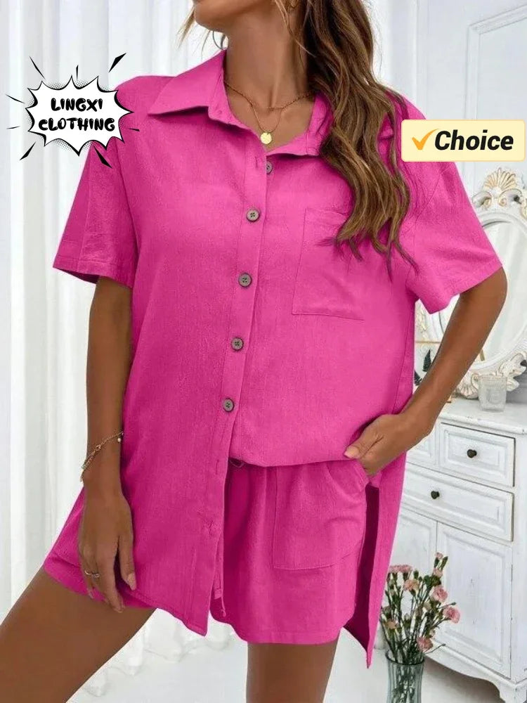Linen Ease Set – Short-Sleeve Shirt & Elastic Shorts
