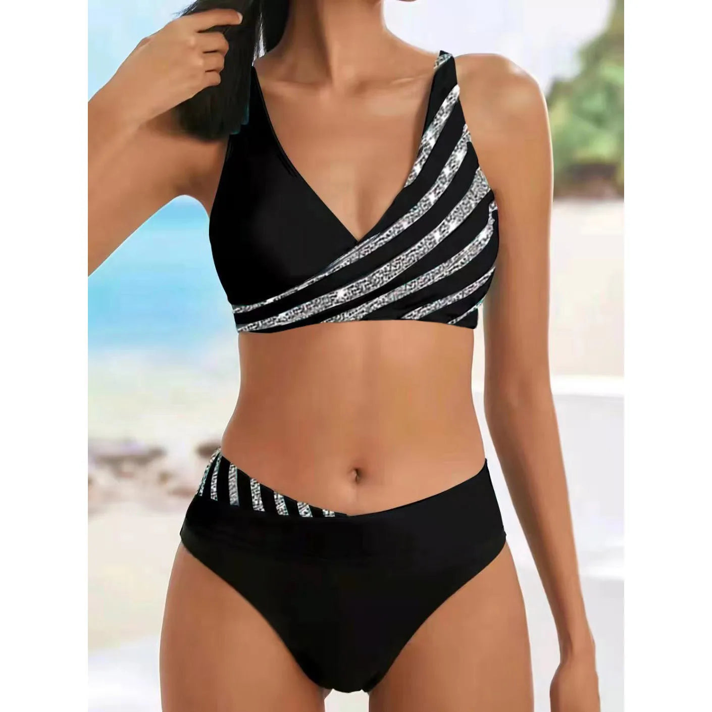 Floral V-Neck Tankini with High-Waisted Bottoms