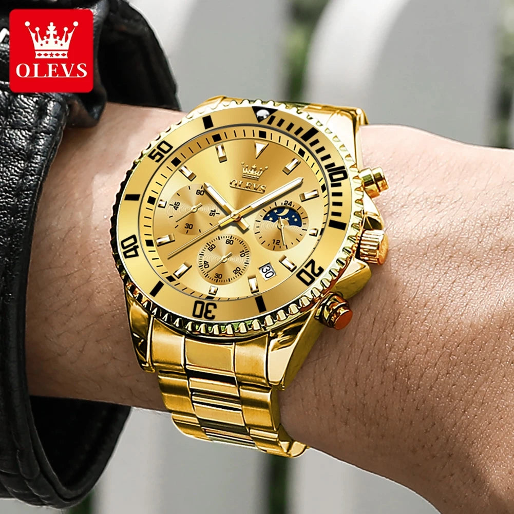 Golden Moon Phase Watch – Luxury Quartz, Waterproof, Elegant Chronograph