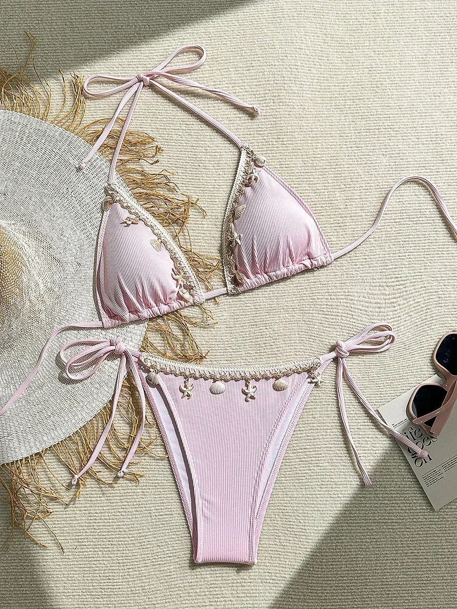 Halter Bikini with Shell Detail – Ribbed Texture