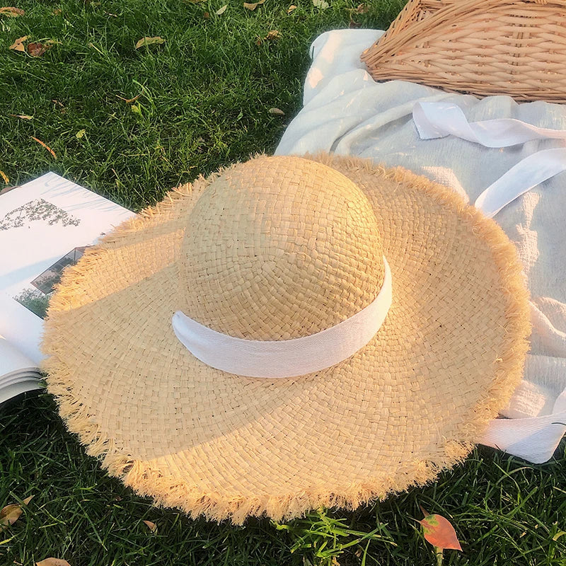 Natural Raffia Wide Brim Hat | Handwoven Straw – Travel & Beach Sun Protection