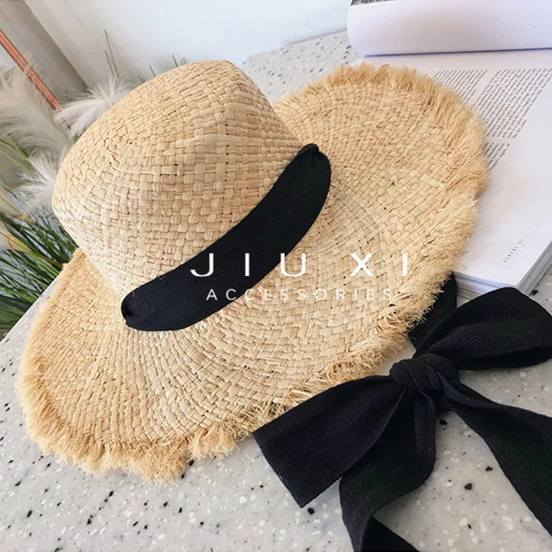 Natural Raffia Wide Brim Hat | Handwoven Straw – Travel & Beach Sun Protection