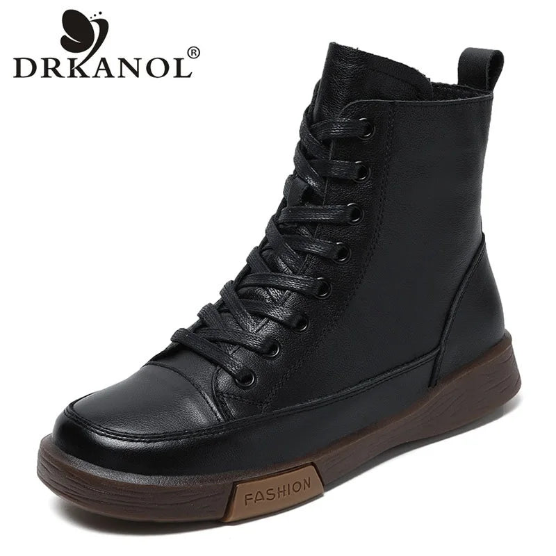 Drkanol | Genuine Leather Round Toe Short Boots – Retro Street Style