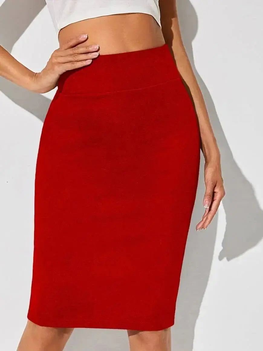 Solid Color High Waist Pencil Skirt — Formal Office Wear