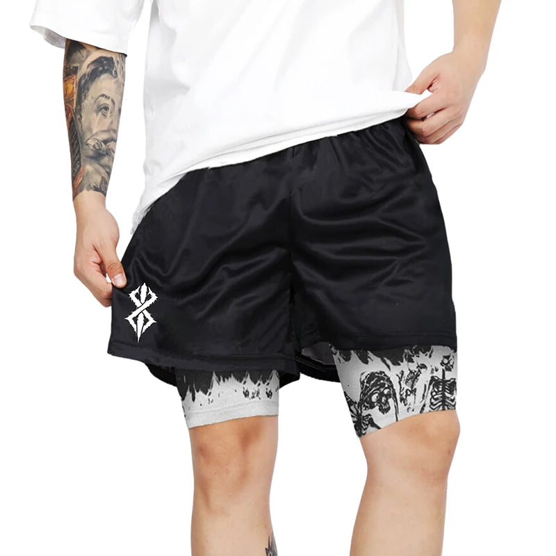 Berserk Skull Print 2-in-1 Running Shorts – Stretch, Quick Dry with Pockets