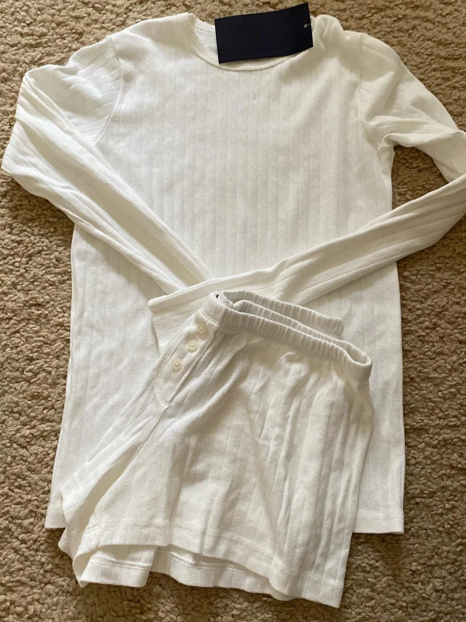 Eyelet Button Long Sleeve T-shirt & Shorts Set – Cotton Pajama