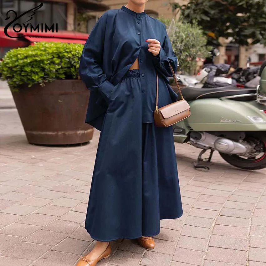 Black Two Piece Set – O-Neck Button Shirt & Loose Trousers