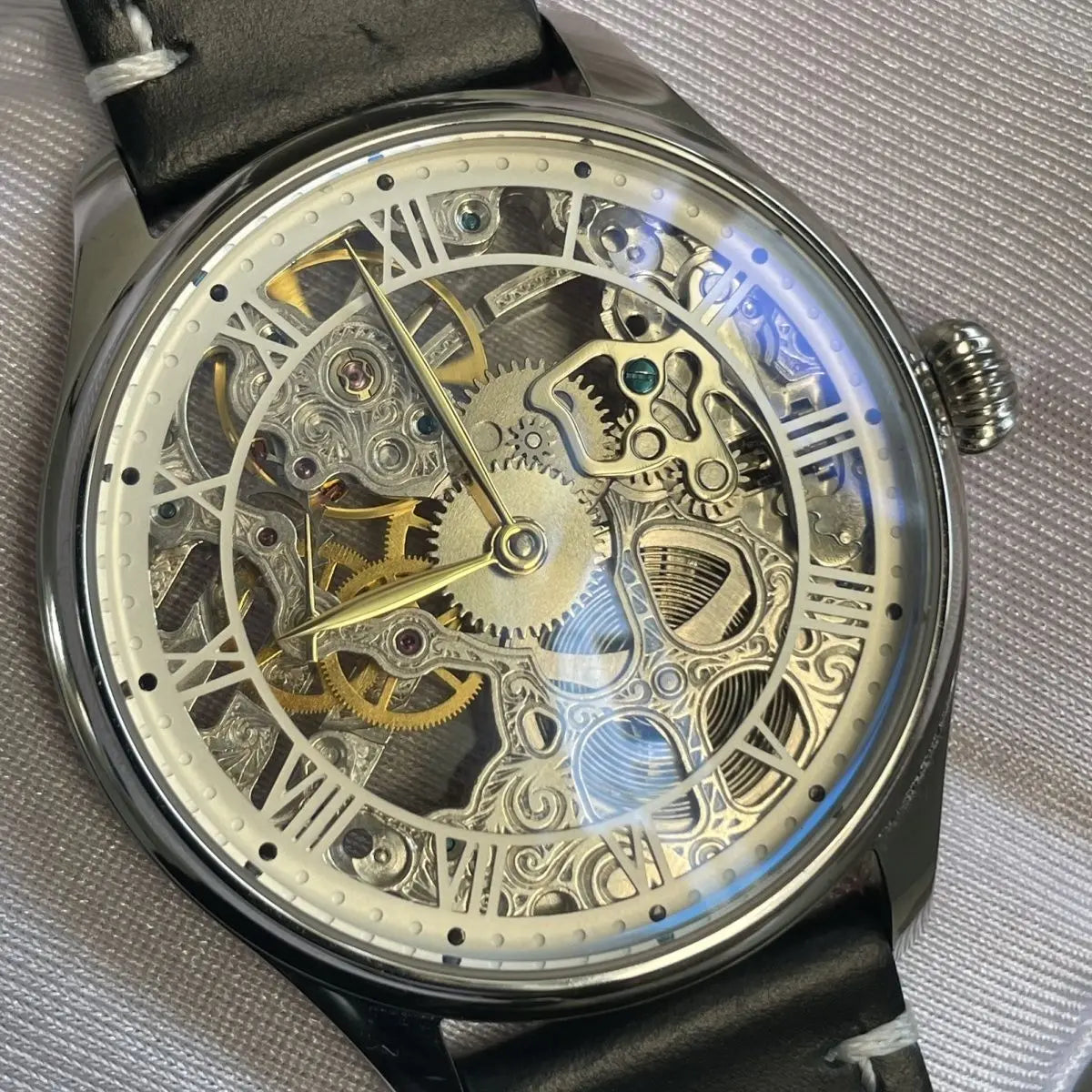 Custom Pilot Watch – 44mm Skeleton Movement, Hollow Mechanical Design