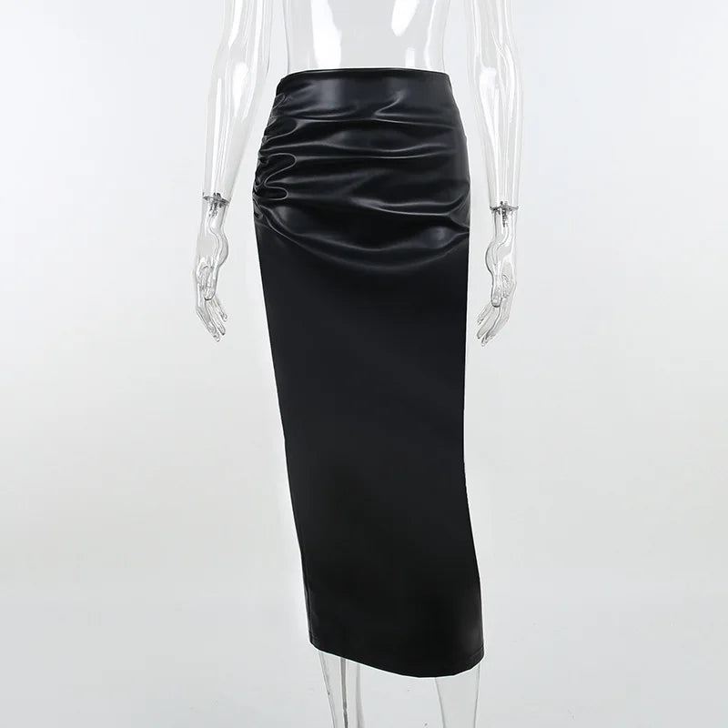 Ruched PU Leather Midi Skirt — Office Elegant Look
