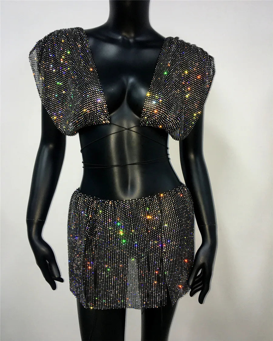 Deep V Rhinestone Top & Mini Skirt