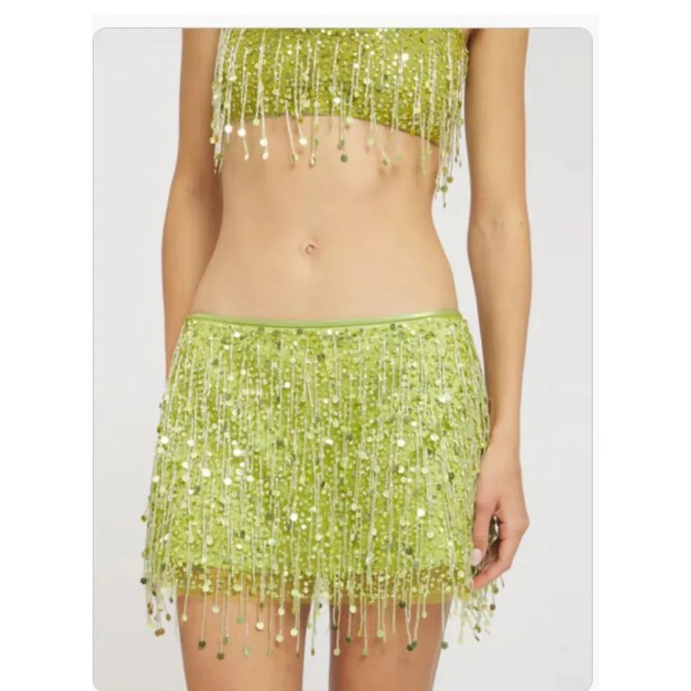 Tassel Sequin Halter Top & Mini Skirt