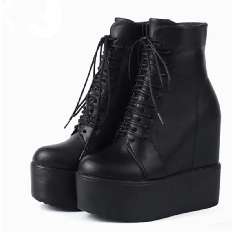 PunkRise | 14CM Wedge Ankle Boots – Black Rubber Sole Platform