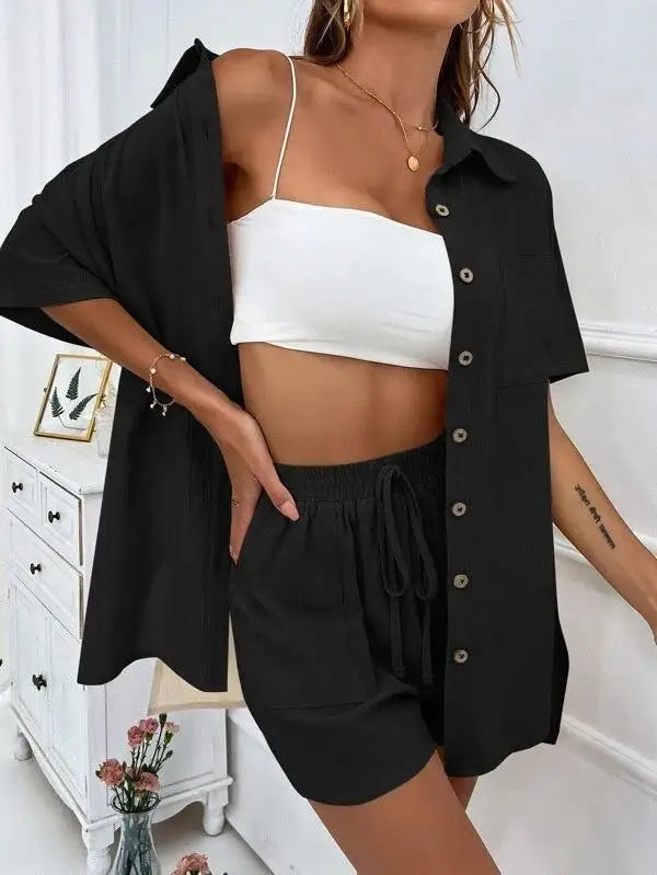 Linen Ease Set – Short-Sleeve Shirt & Elastic Shorts