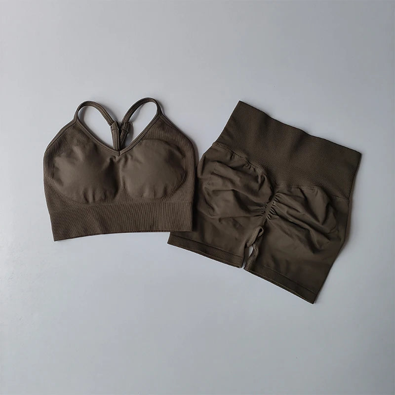High-Waist Yoga Set — Strappy Back Bra & Sculpting Shorts 3-Piece Activewear