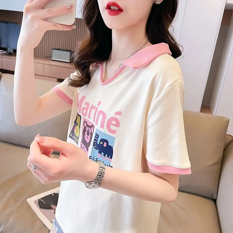 Contrasting Polo Neck Tee — Fashion V-neck Short Sleeve
