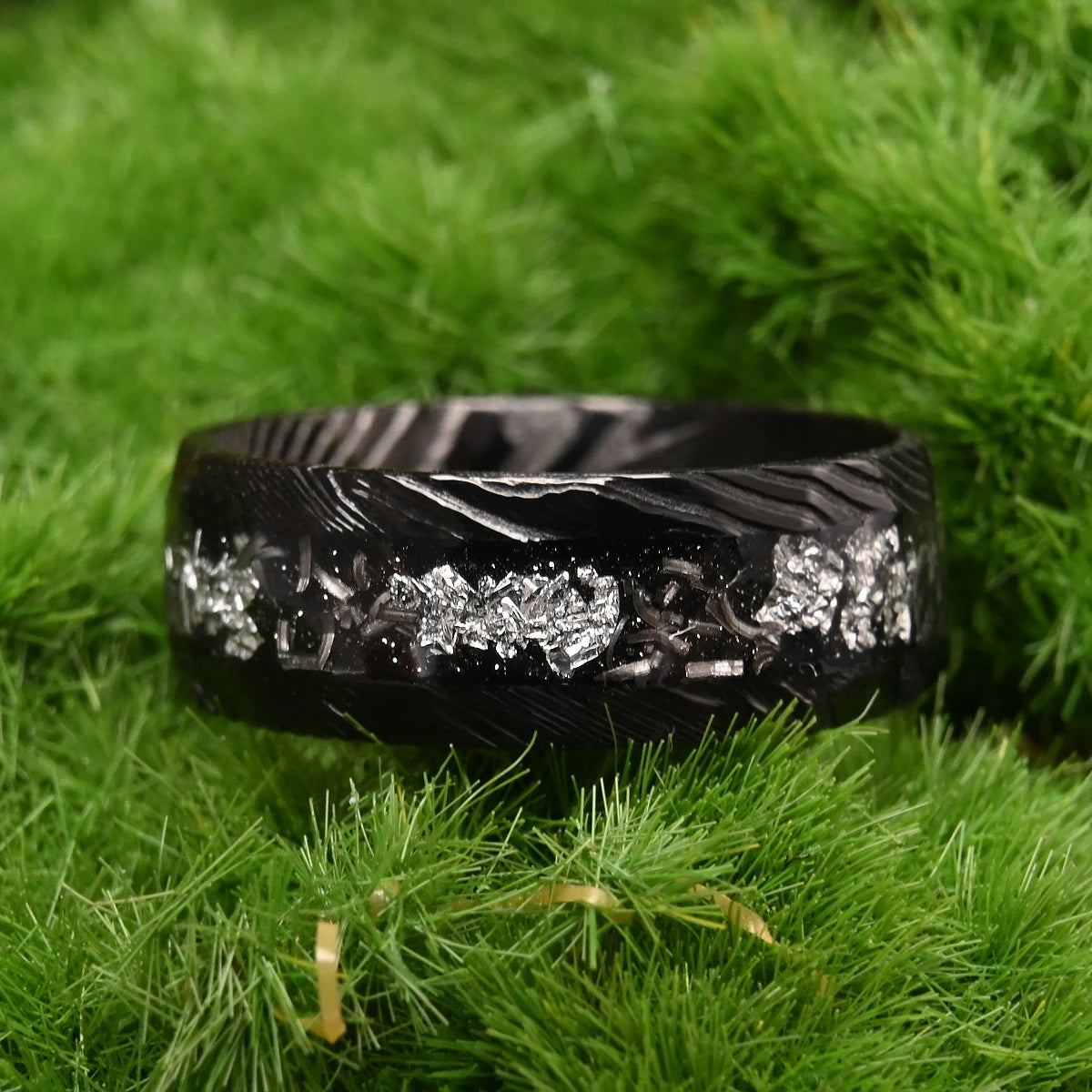 Damascus Steel Ring – 8mm Black Band with Silvery Foil Inlay, Wedding or Casual Wear