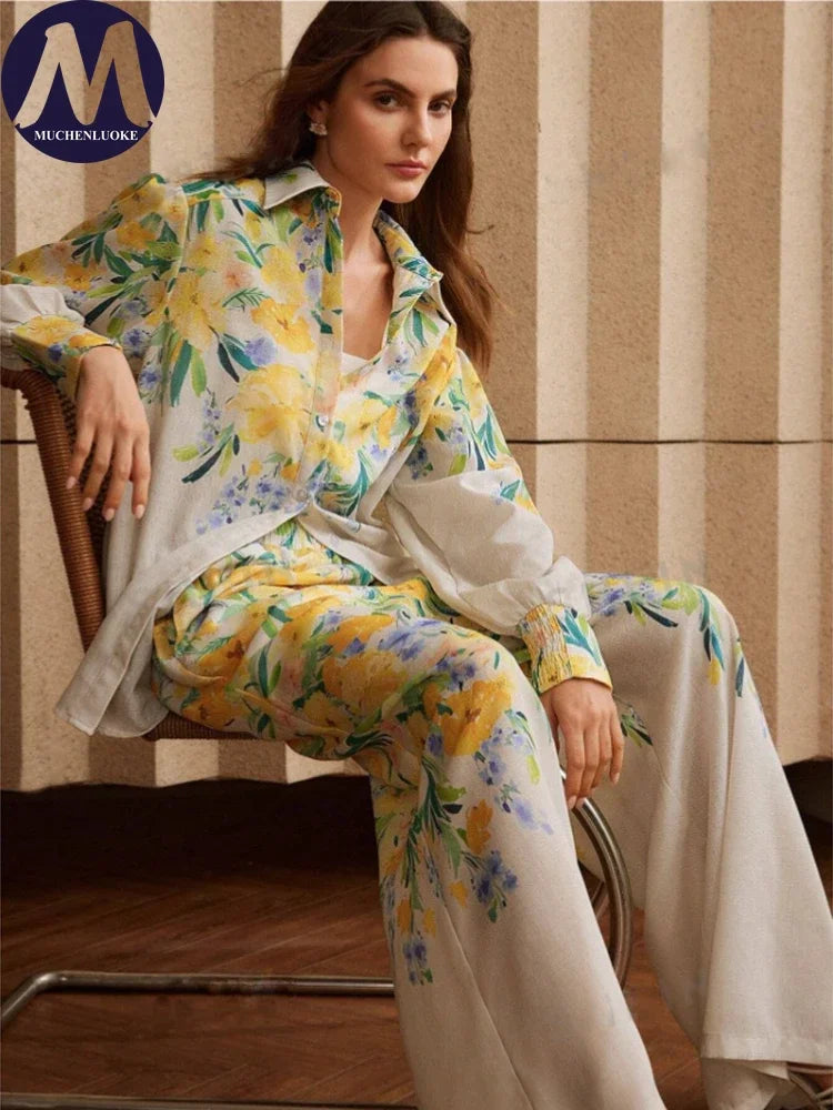 Printed Resort Set – Long Sleeve Shirt & Wide Pants
