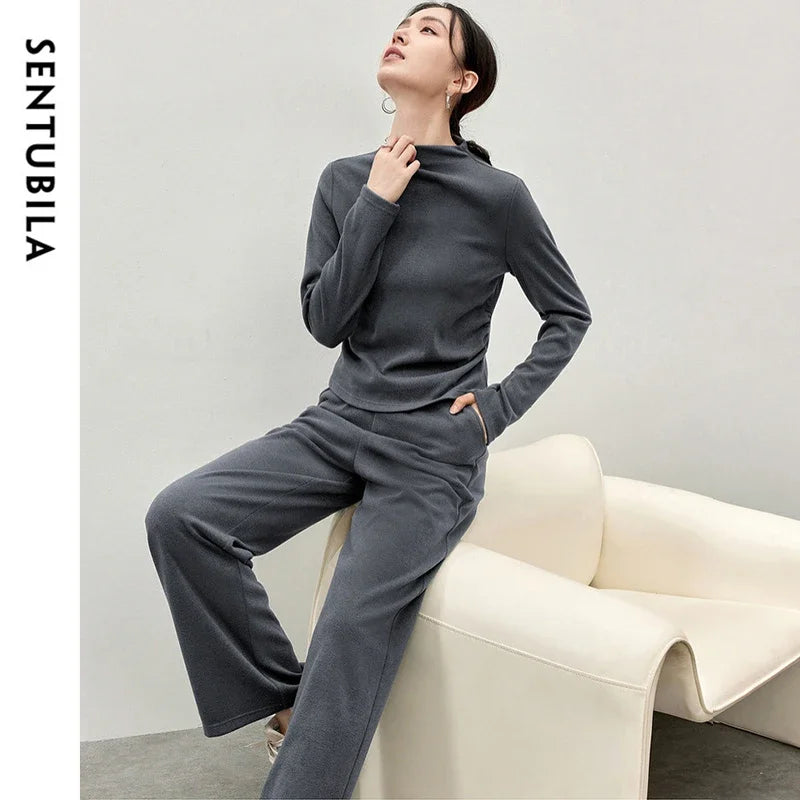 Irregular High Collar Top & Straight Pants Set – Knit Two Piece