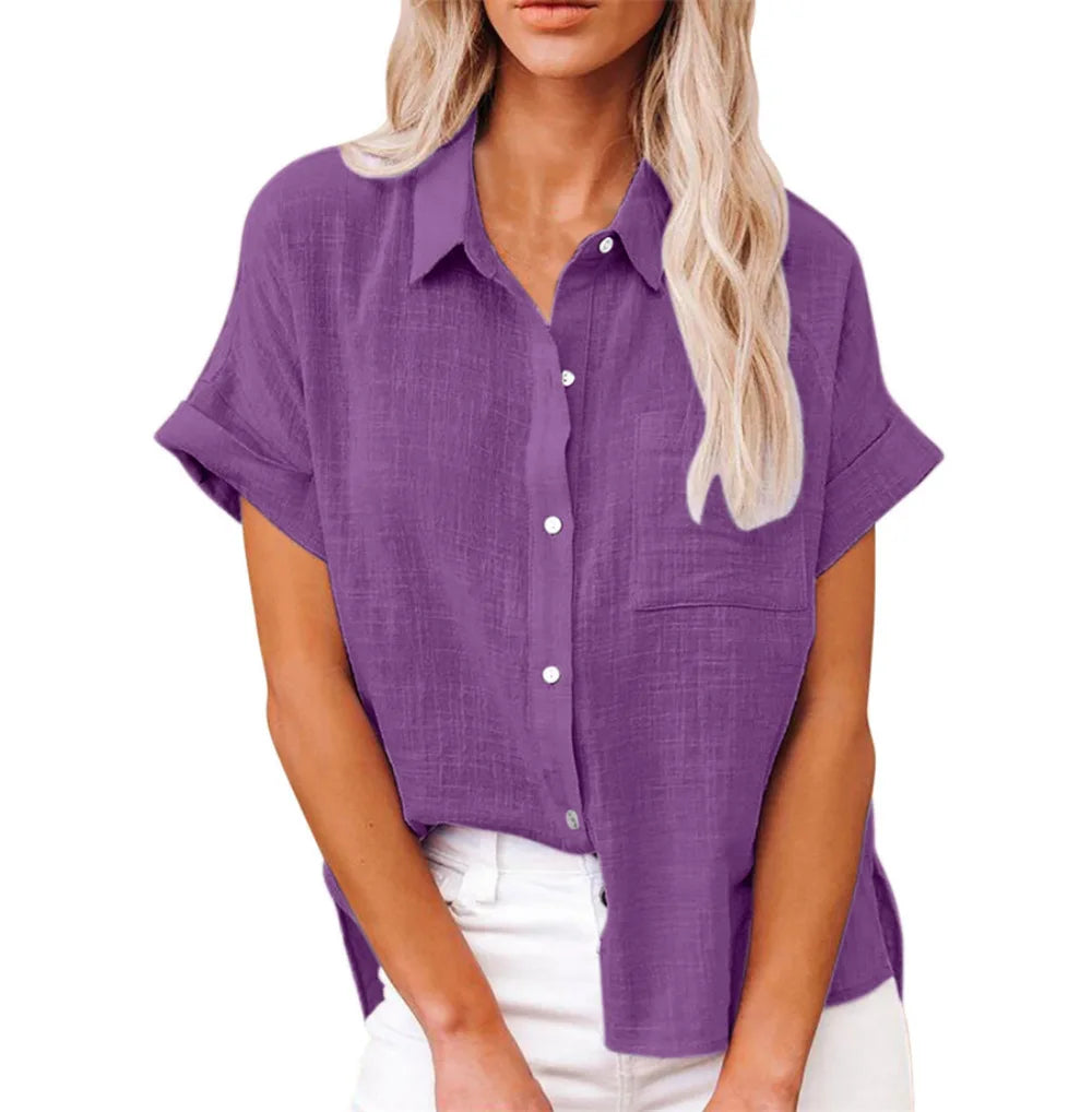 Classic V-Neck Blouse — Short Sleeve, Loose Fit, White